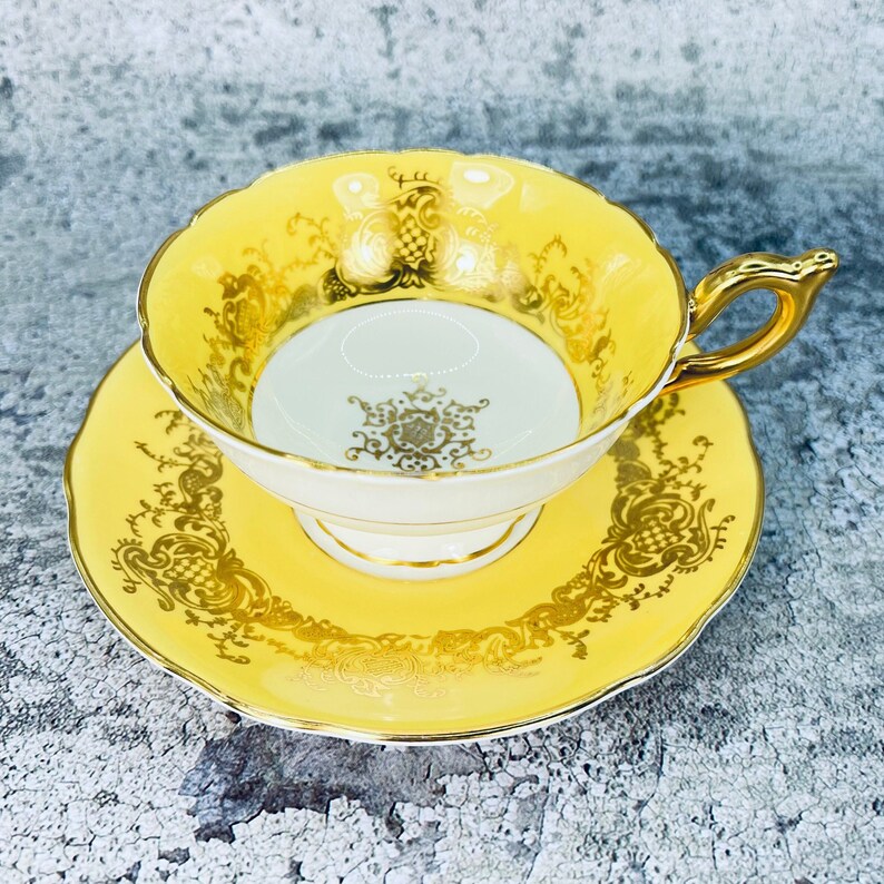 Coalport yellow and gold tea cup and saucer set, Coalport England tea set, Garden tea party, Vintage bone china image 1
