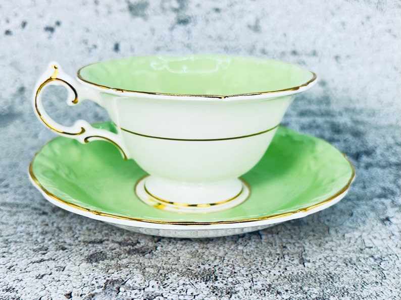 Vintage Paragon pink floating rose tea cup and saucer set, Mint green Paragon tea set, Embossed Paragon teacup, Vintage Bridal shower gift image 6