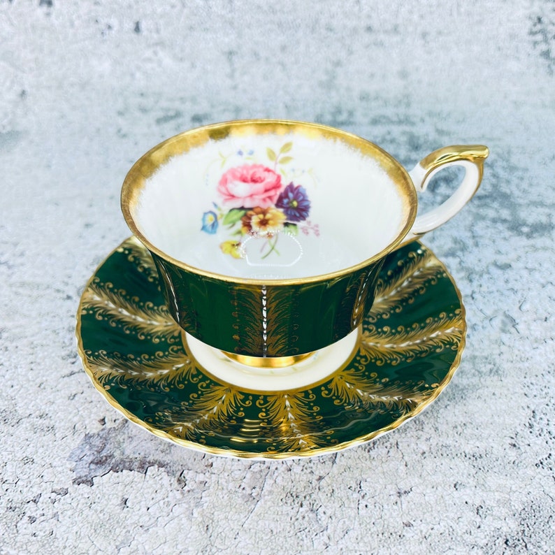 Vintage Paragon tea cup and saucer, Green Paragon gold feathers, Garden tea party, Vintage tea party image 1