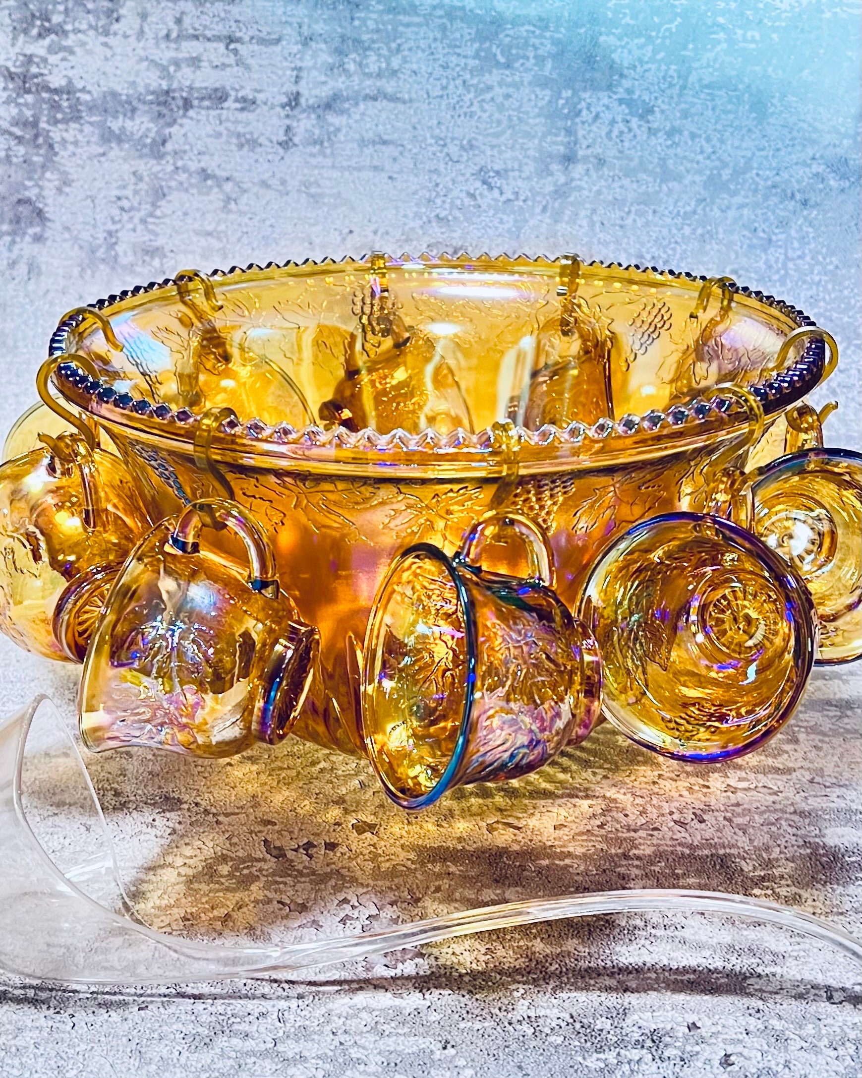 Vintage Carnival Punch Bowl & 12 Cups. Amber carnival glass