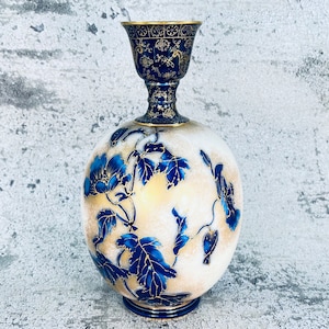 Antique Doulton Burslem Flow Blue and gold vase, Antique Art Nouveau blue gold vase, 1890's image 1