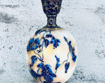 Antique Doulton Burslem Flow Blue and gold vase, Antique Art Nouveau blue gold vase, 1890's