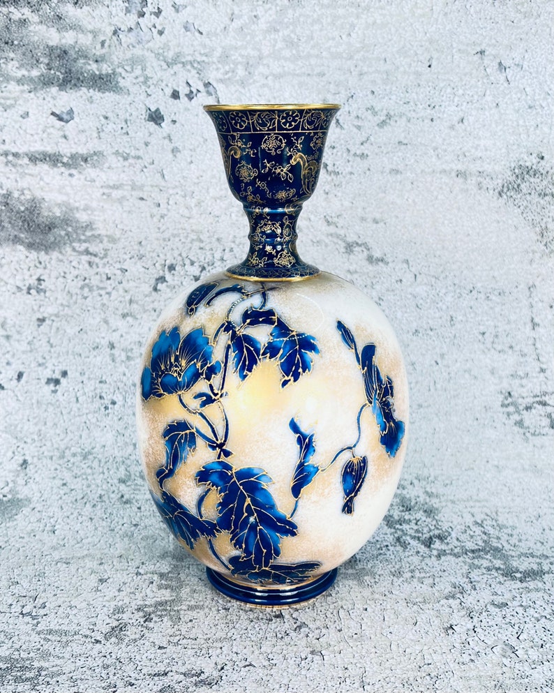 Antique Doulton Burslem Flow Blue and gold vase, Antique Art Nouveau blue gold vase, 1890's image 1