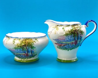 Rare Aynsley Cream and sugar bowl, Aynsley England tea set, Aynsley England cream and sugar set, Aynsley Countryside scene