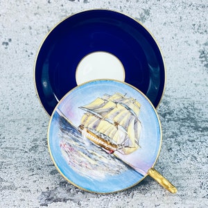 RARE Vintage Aynsley England Clipper Ship tea cup and saucer, Cobalt blue Aynsley sailing ship tea set, English tea set, Teacup collector image 4