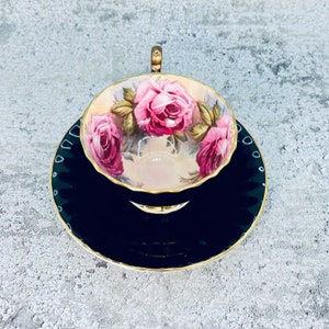 Vintage Aynsley pink cabbage rose tea cup and saucer set, Black pink rose Aynsley, Ring of pink roses, Vintage tea cup and saucer image 6