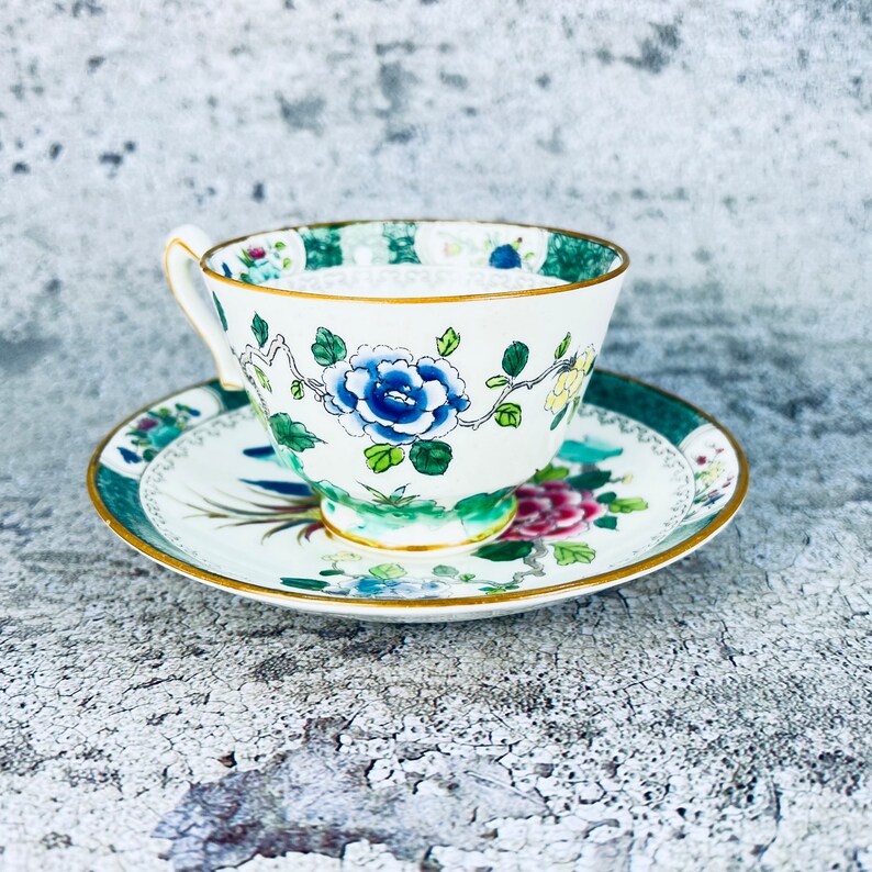 Antique Crown Staffordshire Asian bird tea cup and saucer, English tea set Henry Birks & Sons Montreal Canada, Hand painted tea set c. 1906 image 6