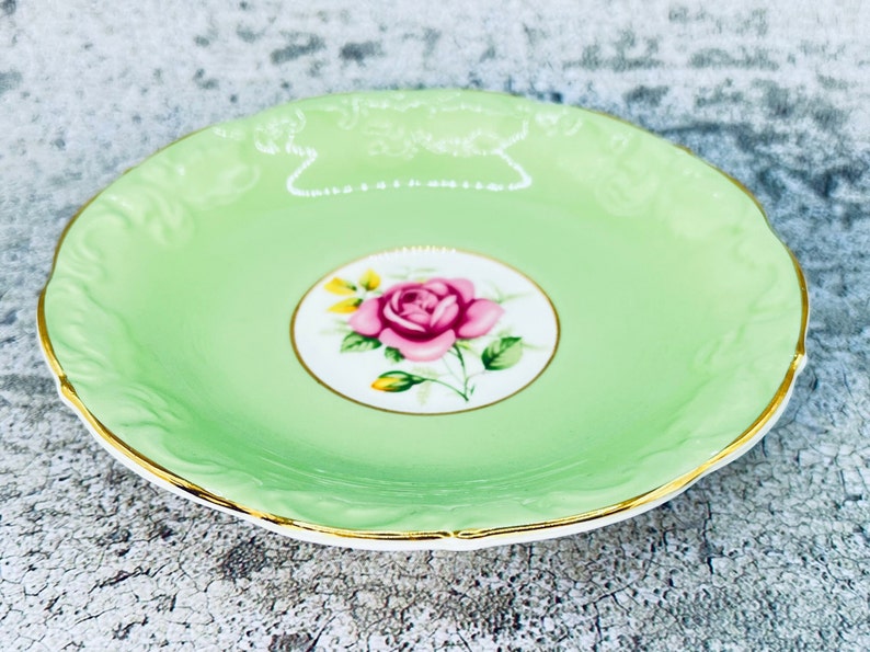 Vintage Paragon pink floating rose tea cup and saucer set, Mint green Paragon tea set, Embossed Paragon teacup, Vintage Bridal shower gift image 2