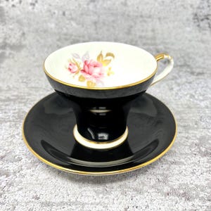 Ensemble tasse et soucoupe à thé noir Aynsley VINTAGE, tasse à thé rose rose, Tea Party, porcelaine fine anglaise
