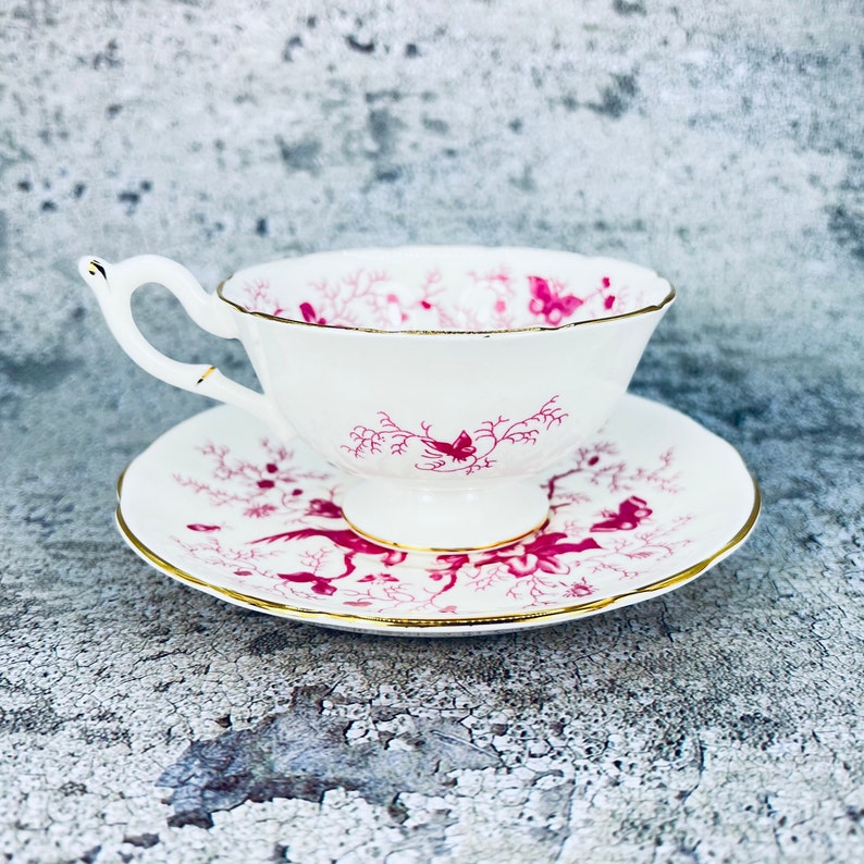 Coalport pink Cairo Bird tea cup and saucer set, Coalport birds and bugs tea set, Garden tea party, Vintage bone china image 7