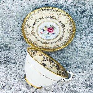 Vintage gold lace Paragon tea cup and saucer set, Paragon pink rose china, Vintage bridal gift, Garden tea party, High class tea set image 8