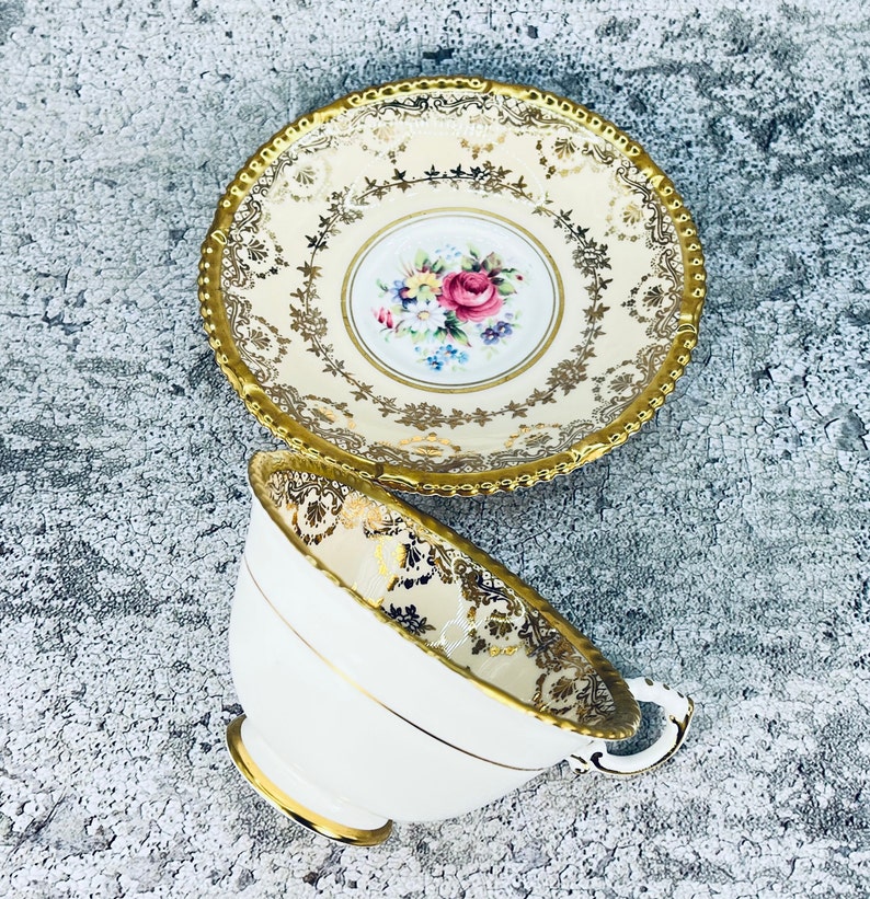 Vintage gold lace Paragon tea cup and saucer set, Paragon pink rose china, Vintage bridal gift, Garden tea party, High class tea set image 8