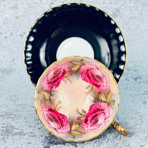 Vintage Aynsley pink cabbage rose tea cup and saucer set, Black pink rose Aynsley, Ring of pink roses, Vintage tea cup and saucer image 5