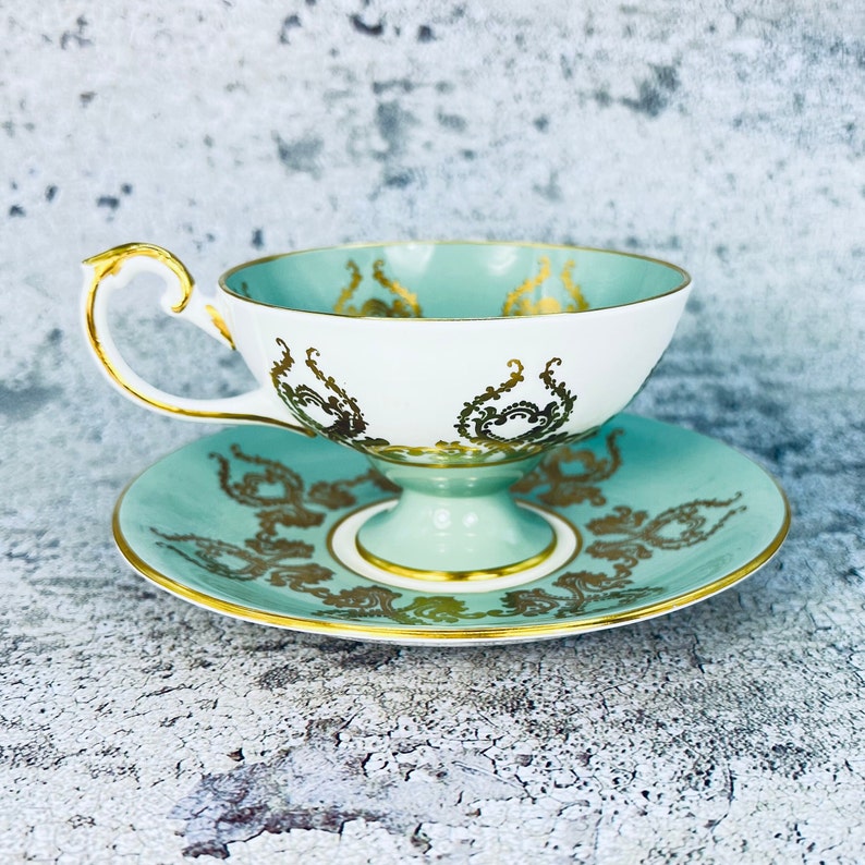 Vintage Aynsley Orchard signed Jones green pedestal tea cup and saucer, Aynsley Orchard fruit, Vintage English tea set, Bridal shower gift image 5