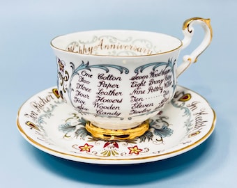 May include: A white teacup and saucer set with gold trim and floral designs. The cup features text indicating anniversary milestones. The saucer and cup have the text "For Richer" and "In Health".