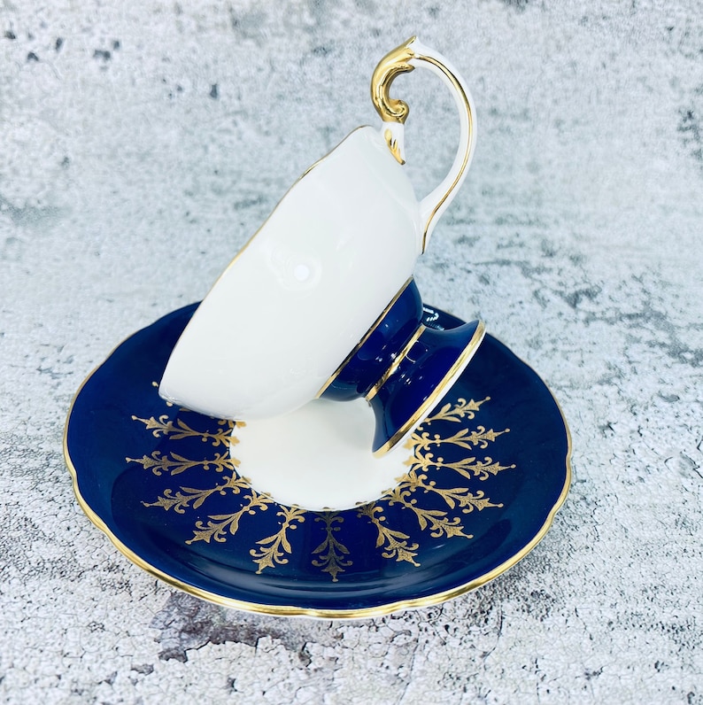 Vintage Aynsley cobalt blue and gold pedestal tea cup and saucer set, English tea party image 5