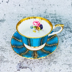 Vintage Paragon tea cup and saucer, Blue Paragon gold feathers, Garden tea party, Vintage tea party image 1