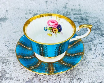 Vintage Paragon tea cup and saucer, Blue Paragon gold feathers, Garden tea party, Vintage tea party