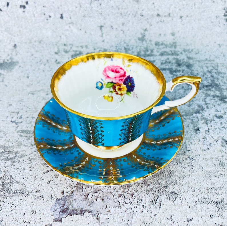 Vintage Paragon tea cup and saucer, Blue Paragon gold feathers, Garden tea party, Vintage tea party image 1