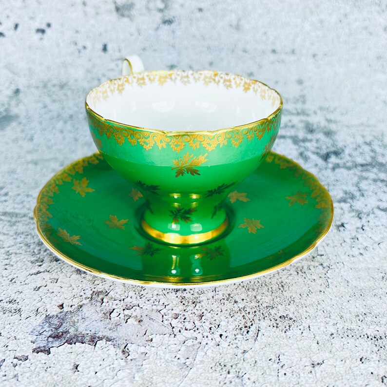 Shelley England green and gold leaf tea cup and saucer set, Shelley New Victoria tea cup, English tea party, Garden tea party, Gift image 7