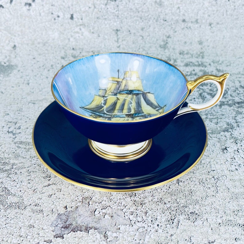 RARE Vintage Aynsley England Clipper Ship tea cup and saucer, Cobalt blue Aynsley sailing ship tea set, English tea set, Teacup collector image 5