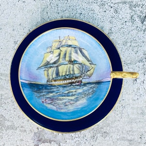 RARE Vintage Aynsley England Clipper Ship tea cup and saucer, Cobalt blue Aynsley sailing ship tea set, English tea set, Teacup collector image 2