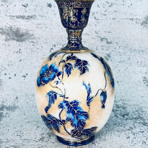 Antique Doulton Burslem Flow Blue and gold vase, Antique Art Nouveau blue gold vase, 1890's image 3