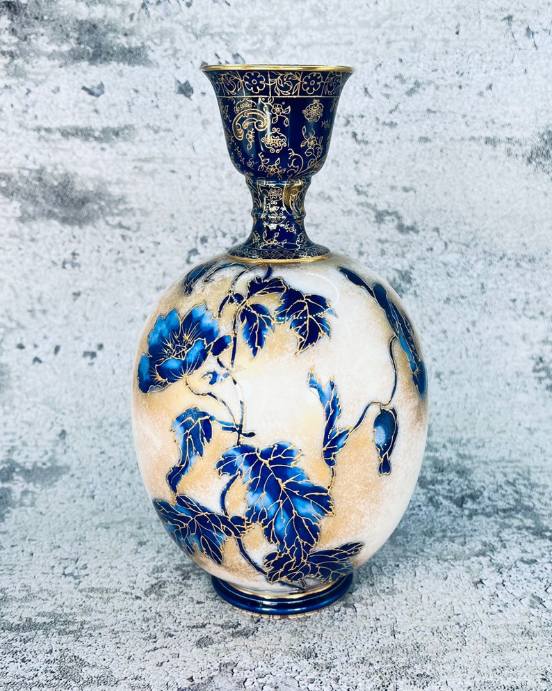 Antique Doulton Burslem Flow Blue and gold vase, Antique Art Nouveau blue gold vase, 1890's image 3