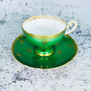Shelley England green and gold leaf tea cup and saucer set, Shelley New Victoria tea cup, English tea party, Garden tea party, Gift image 8
