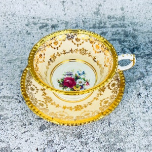 Vintage gold lace Paragon tea cup and saucer set, Paragon pink rose china, Vintage bridal gift, Garden tea party, High class tea set image 1
