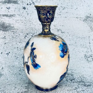 Antique Doulton Burslem Flow Blue and gold vase, Antique Art Nouveau blue gold vase, 1890's image 5