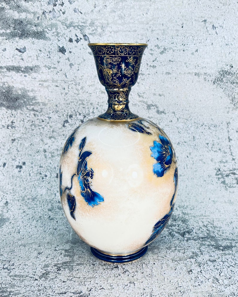 Antique Doulton Burslem Flow Blue and gold vase, Antique Art Nouveau blue gold vase, 1890's image 5