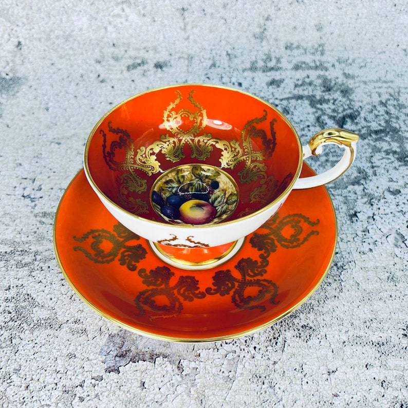 Vintage Aynsley Orchard signed Jones orange pedestal tea cup and saucer, Aynsley fruit, Vintage English tea set, Bridal shower gift image 1