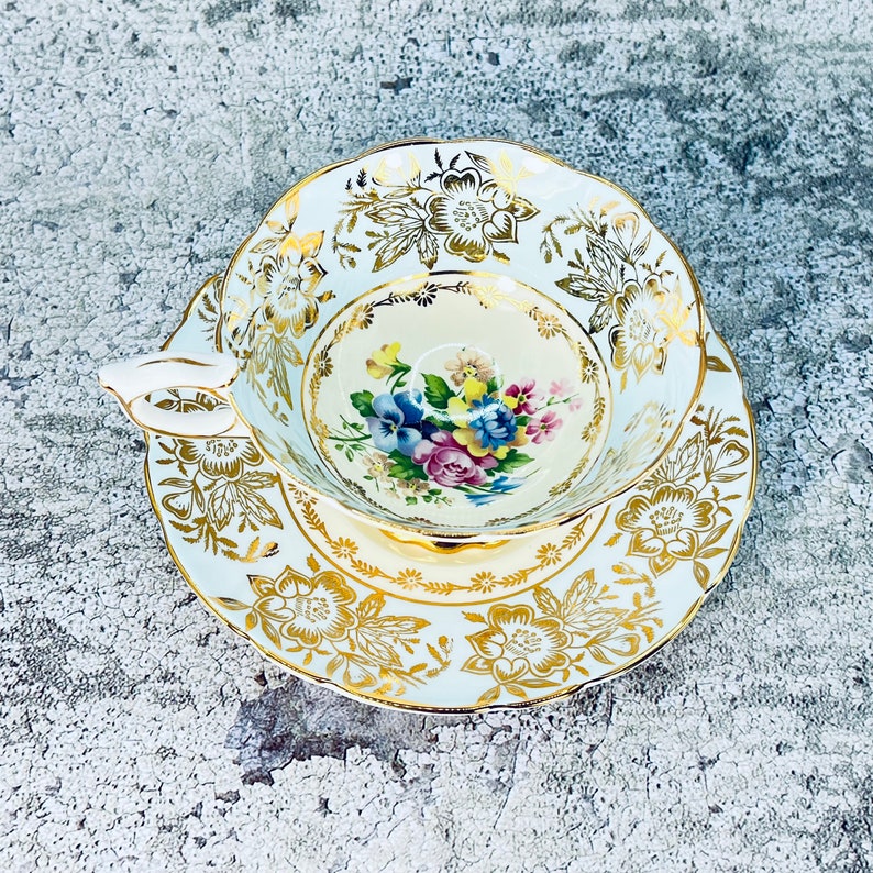 Royal Stafford blue and gold tea cup and saucer set, Pansy and rose tea set, Bridal tea party, Vintage garden party, Afternoon tea image 2