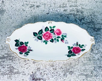 Queen Anne England cream and sugar tray, Bone china small serving tray, Pink rose plate, Oval plate, Bridal shower serving, Tea party plate