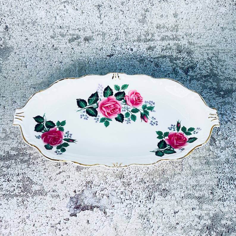 Queen Anne England cream and sugar tray, Bone china small serving tray, Pink rose plate, Oval plate, Bridal shower serving, Tea party plate image 1