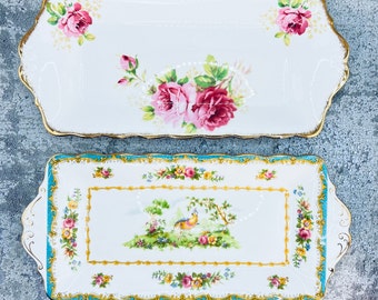 Royal Albert Blue Chelsea Bird or American Beauty oblong sandwich plates, Bone china cookie trays, Vintage bridal shower, Vintage tea party