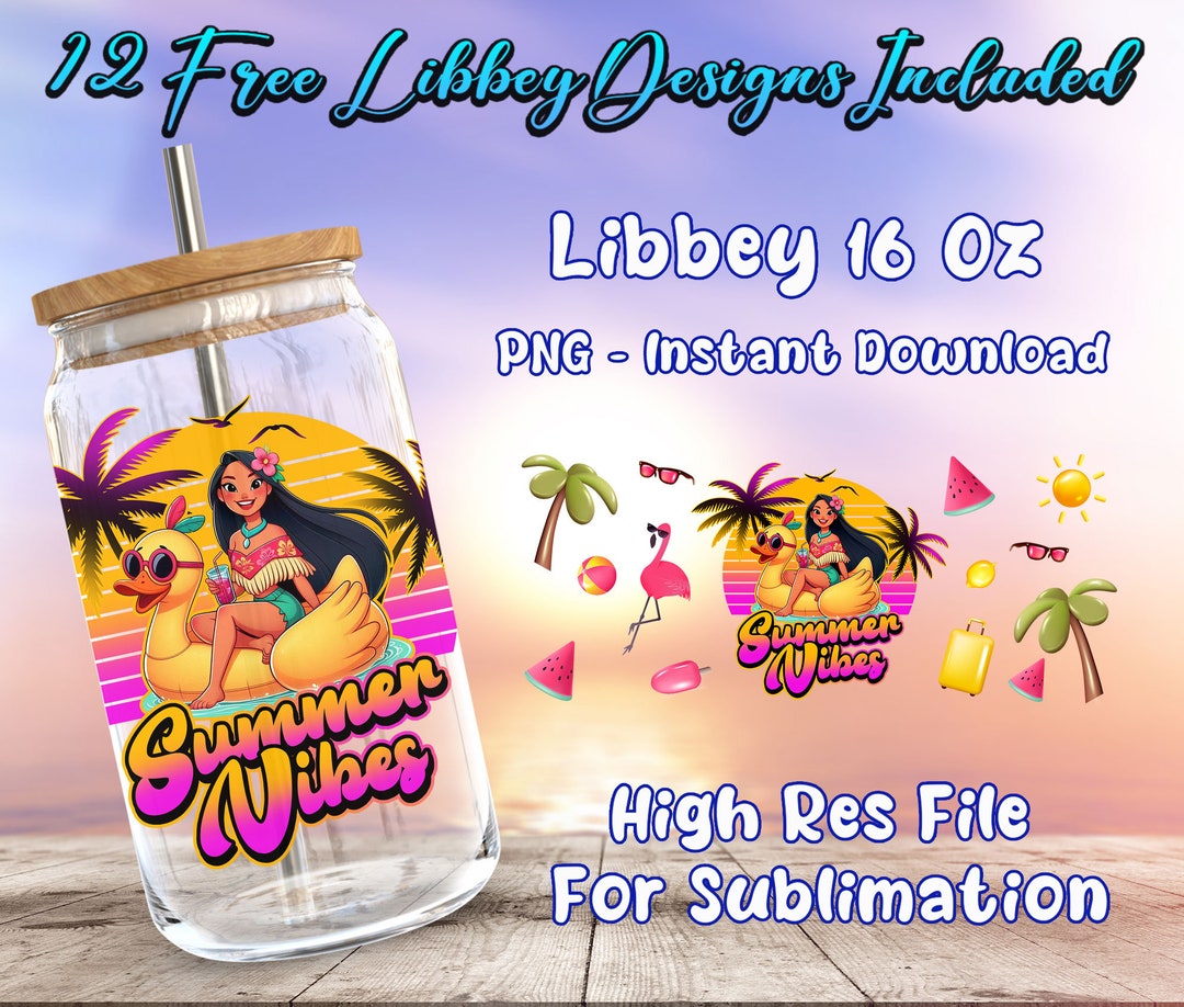 Princess Summer Vibes 16 Oz Libbey Glass Can Wrap PNG Sublimation ...