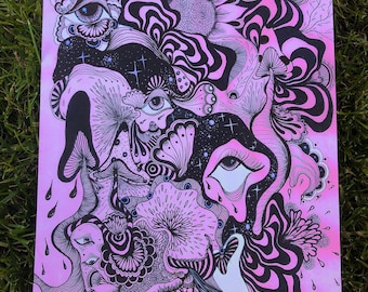 Pode incluir: Uma impressão de arte psicodélica rosa e preta com padrões em espiral, flores e olhos. A impressão é assinada "Blake".