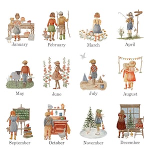 Months of the Year Flashcards (hand painted by me) kids room, decor, classroom, watercolor, cottage core, educational, montessori