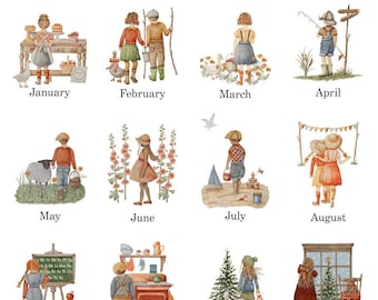 Months of the Year Flashcards (hand painted by me) kids room, decor, classroom, watercolor, cottage core, educational, montessori