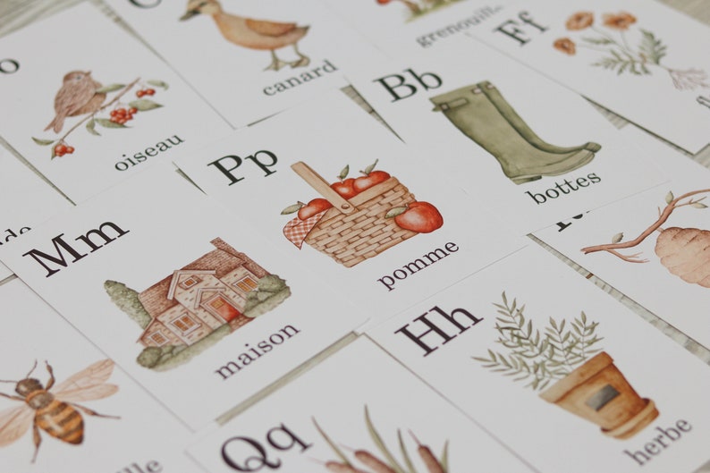 May include: A set of alphabet flash cards with illustrations and French words. The cards feature a bird, a house, a duck, boots, apples in a basket, a bee, and a plant in a pot.