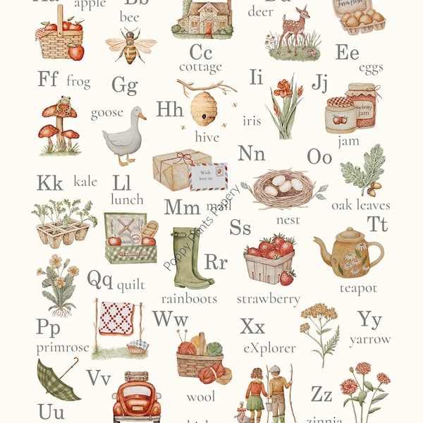 Country Cottage Alphabet Chart PRINTABLE ( all hand painted images) watercolor, strawberry, cottage , montessori, abc , school , homeschool