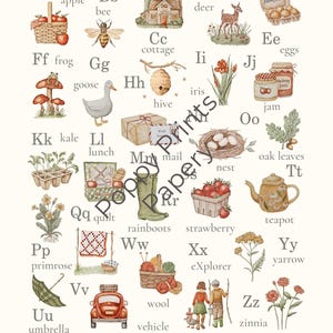 Country Cottage Alphabet Chart PRINTABLE ( all hand painted images) watercolor, strawberry, cottage , montessori, abc , school , homeschool