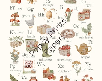 Country Cottage Alphabet Chart PRINTABLE ( all hand painted images) watercolor, strawberry, cottage , montessori, abc , school , homeschool