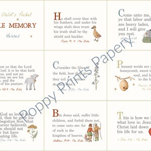Op de afbeelding: Een raster van Bijbelverzen met illustraties. Elke vierkant bevat een vers en een kleine afbeelding, zoals een eend, een lam of kinderen. Het kleurenschema is gedempt, met groen, bruin en rood. De tekst luidt "A Child's Pocket Bible Memory Verses".