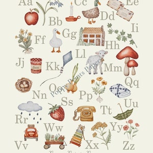 Gráfico do alfabeto PARA IMPRIMIR (imagens pintadas à mão) alfabeto, ganso, vela, escola, abc, para imprimir, casa de campo, flor, outono, decoração, volta às aulas