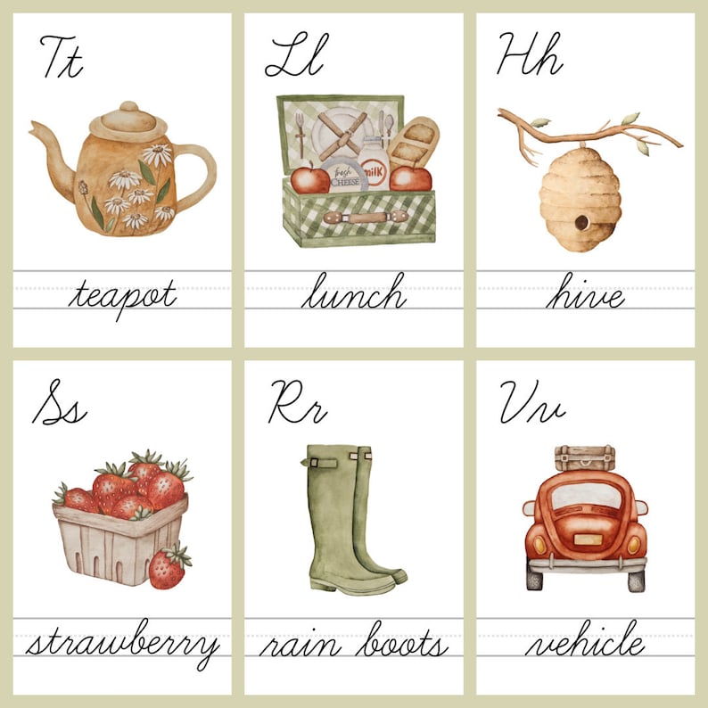 Pu&ograve; includere: Sei flashcard dell'alfabeto con illustrazioni e parole. Le lettere sono Tt, Ll, Hh, Ss, Rr e Vv. Le illustrazioni sono una teiera, un cestino da picnic, un alveare, fragole, stivali di gomma e un'auto rossa.