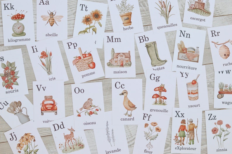 May include: A set of 26 alphabet flash cards featuring watercolour illustrations of various objects and animals. Each card has a letter and a corresponding French word. The cards are printed on white cardstock and have a light woodgrain background.