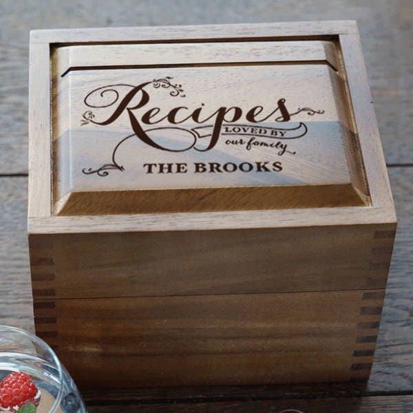Heirloom Recipe Box, Personalized wedding present recipe box, Acacia wood custom recipe box